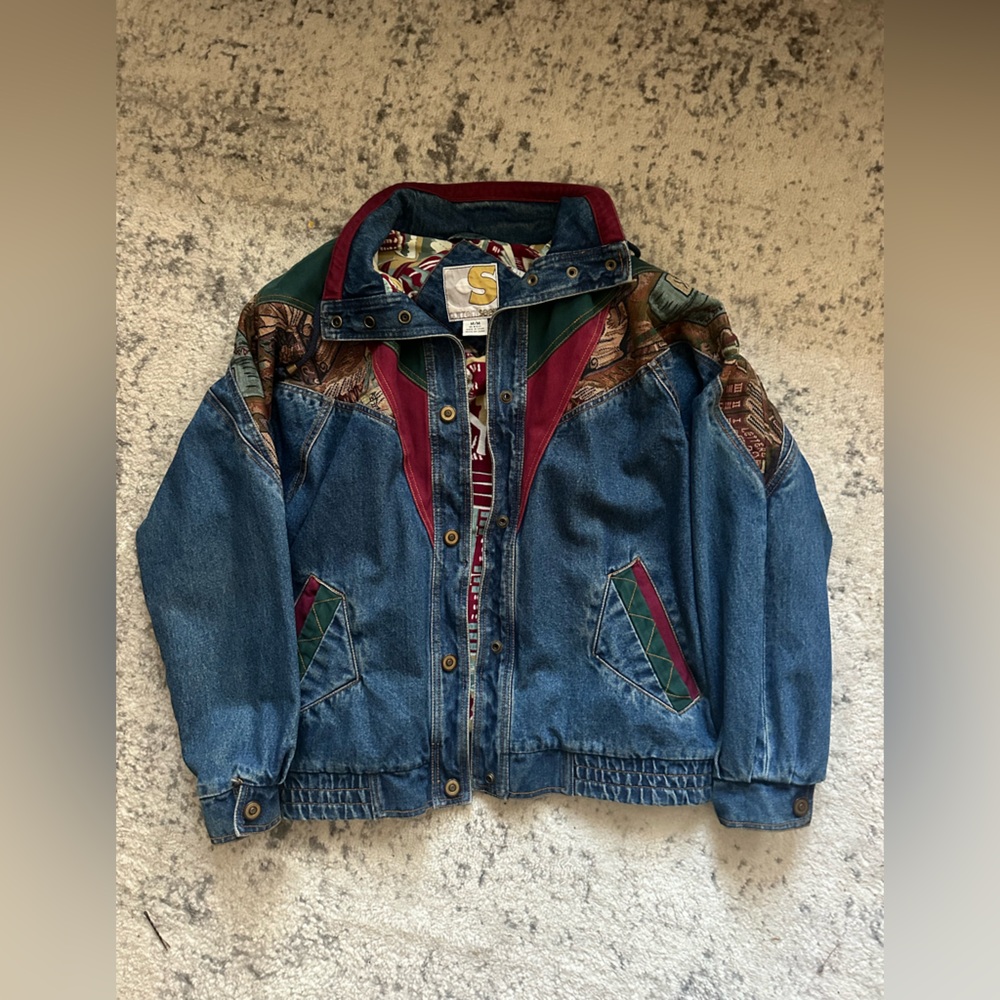 Vintage Denim Jacket with Multicolor Accents